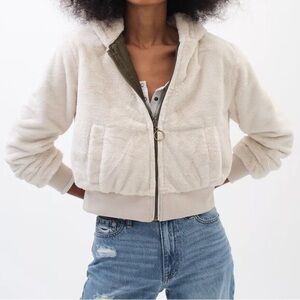 Aeropostale Reversible Olive Green Satin Ivory Faux Fur Bomber Jacket Size XS